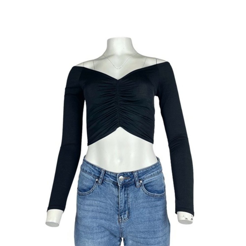 PrettyLittleThing Shirred Crop Top Black Size 4